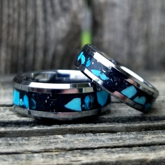 His and Hers wedding ring set. Tungsten carbide glow ring with glowstone and turquoise inlay. Glow ring. black glow ring. Sizes 5-13
