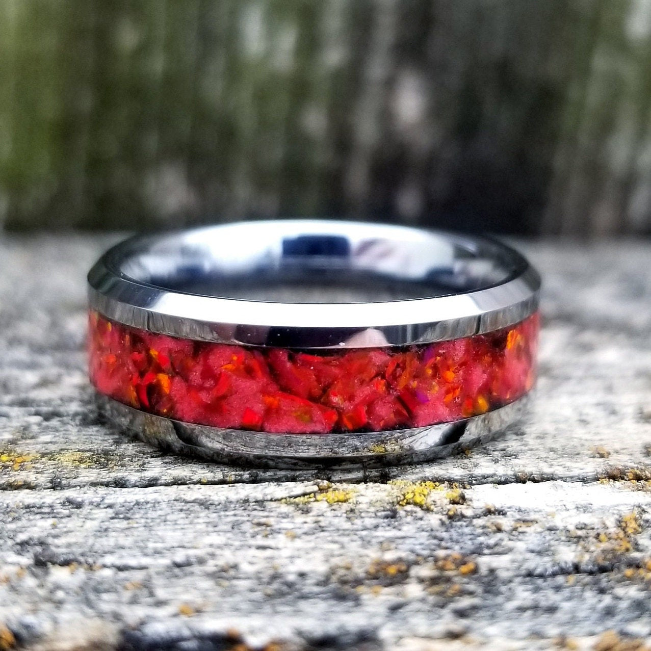 Tungsten Carbide ring with red fire opal and glowstone inlay