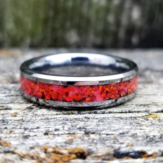 Tungsten Carbide ring with red fire opal and glowstone inlay. Black ceramic ring. Red opal. Opal ring. Men's ring. Women's ring. Sizes 5-13