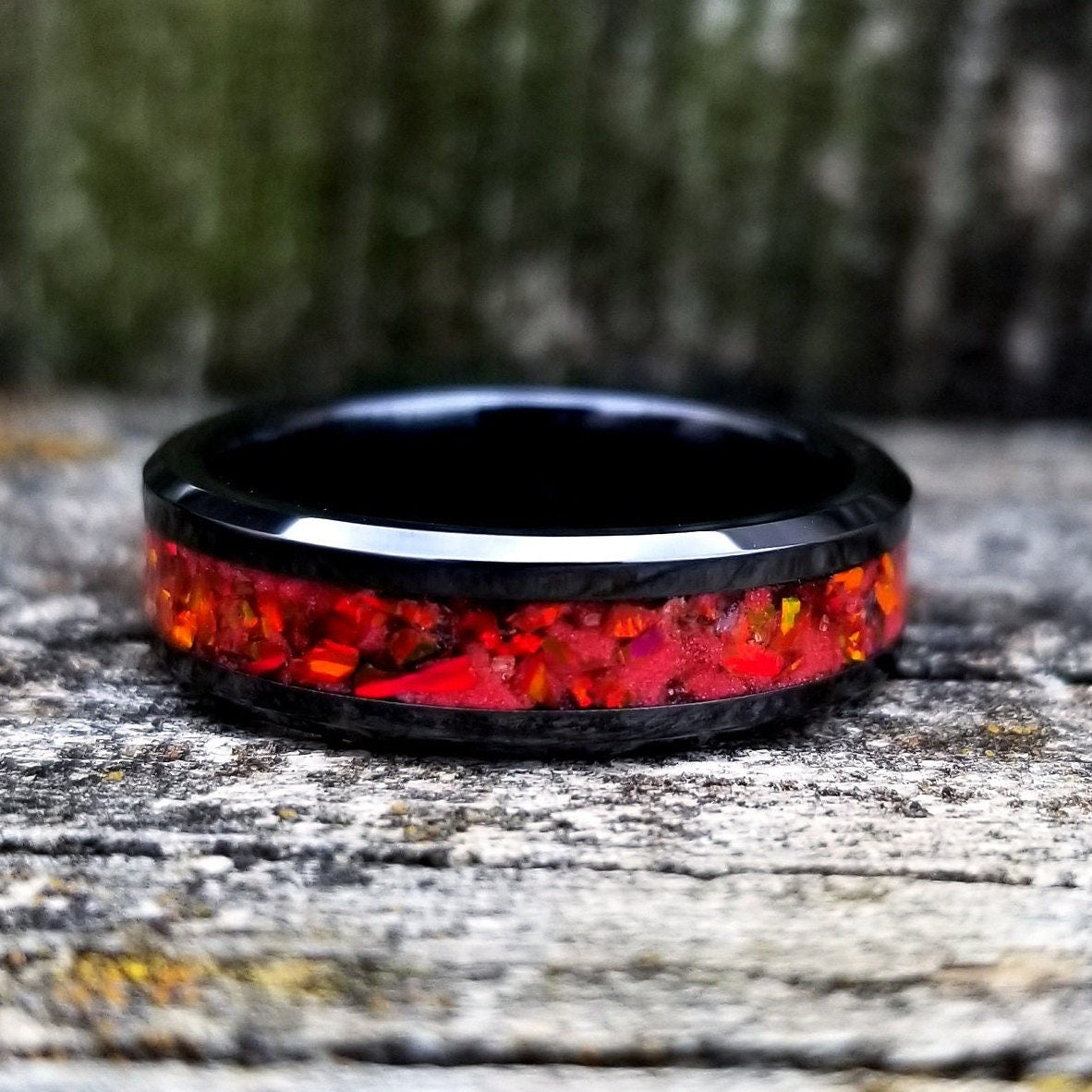 His and Hers Wedding Ring Set. Opal rings. Black Ceramic ring set with red fire opal and glowstone inlay. 8mm and 6mm rings. Sizes 5-13