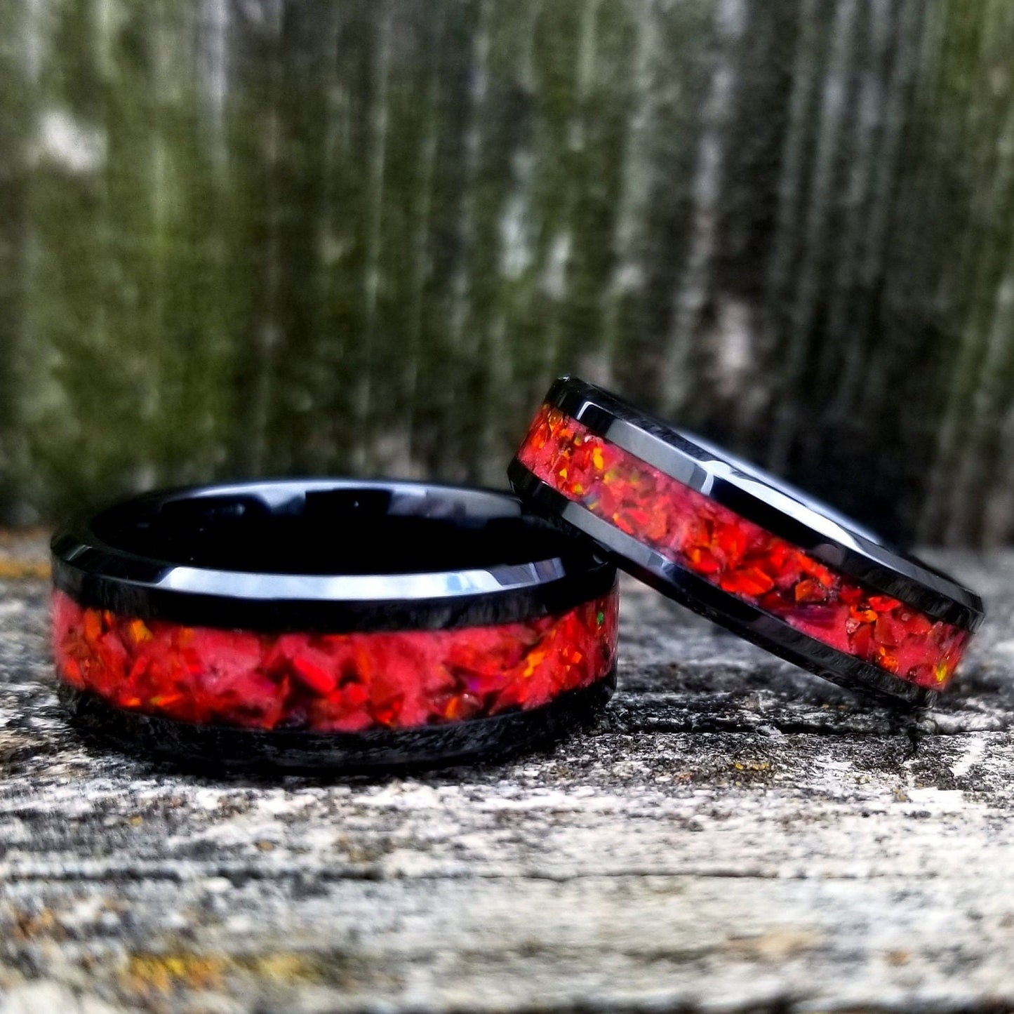 His and Hers Wedding Ring Set. Opal rings. Black Ceramic ring set with red fire opal and glowstone inlay. 8mm and 6mm rings. Sizes 5-13