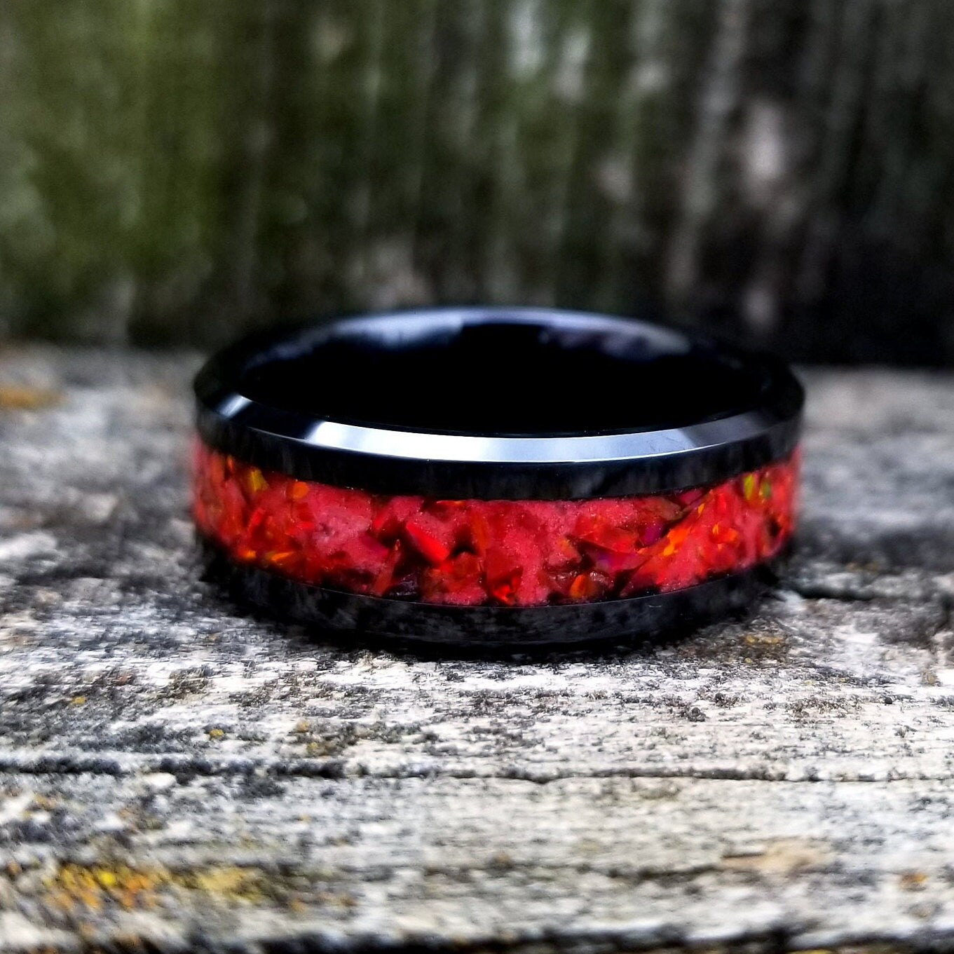 His and Hers Wedding Ring Set. Opal rings. Black Ceramic ring set with red fire opal and glowstone inlay. 8mm and 6mm rings. Sizes 5-13