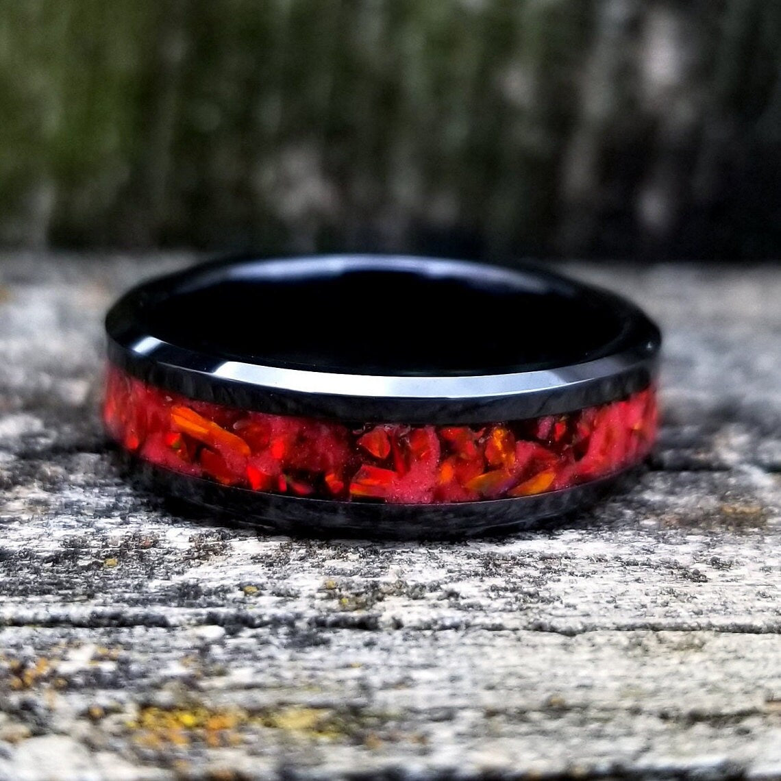 His and Hers Wedding Ring Set. Opal rings. Black Ceramic ring set with red fire opal and glowstone inlay. 8mm and 6mm rings. Sizes 5-13