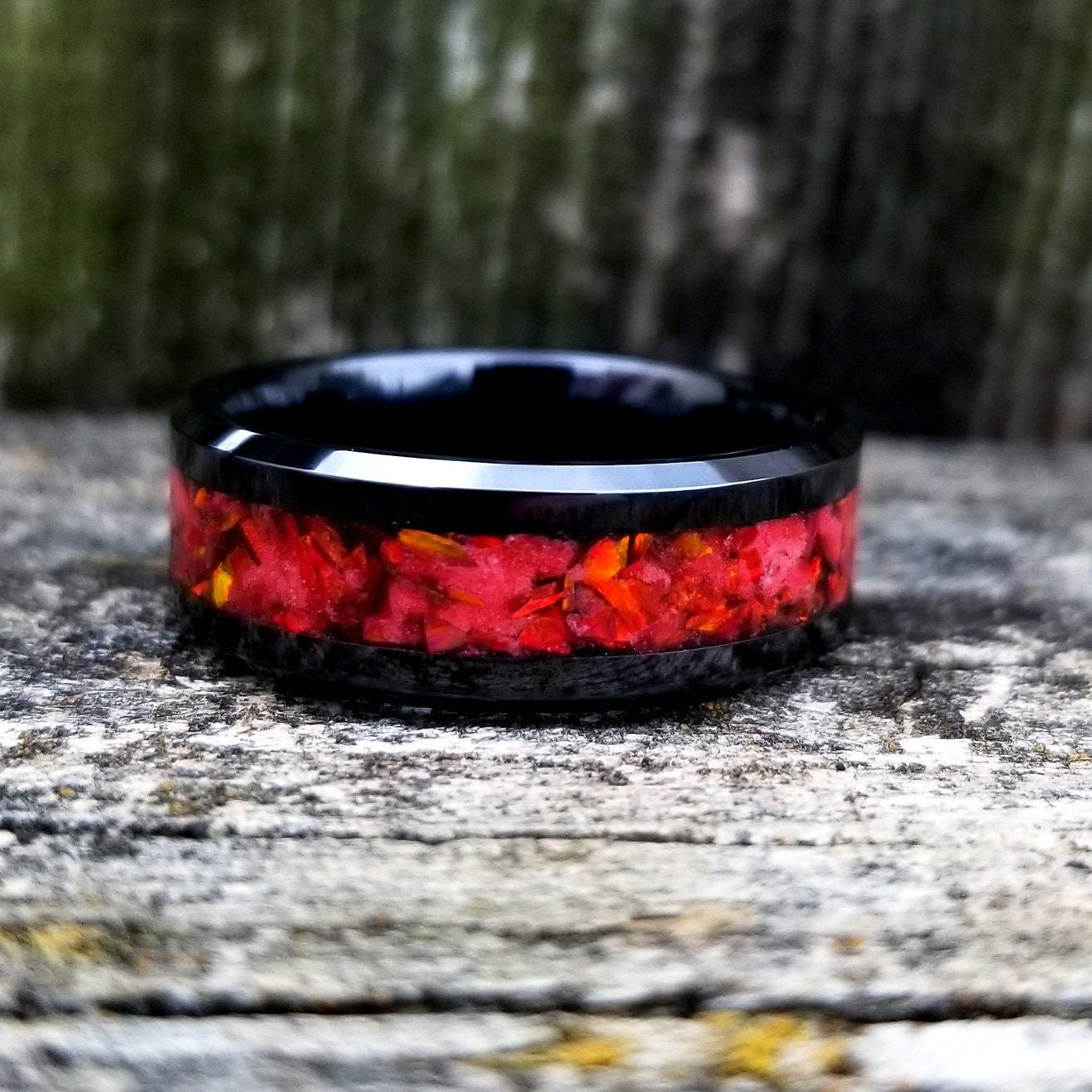 Black ceramic ring with red fire opal and glowstone inlay. Black ceramic ring. Red opal. Opal ring. Men's ring. Women's ring. Sizes 5-13