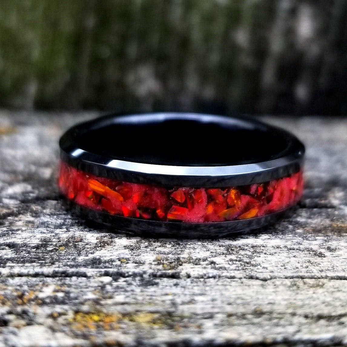 Black ceramic ring with red fire opal and glowstone inlay. Black ceramic ring. Red opal. Opal ring. Men's ring. Women's ring. Sizes 5-13