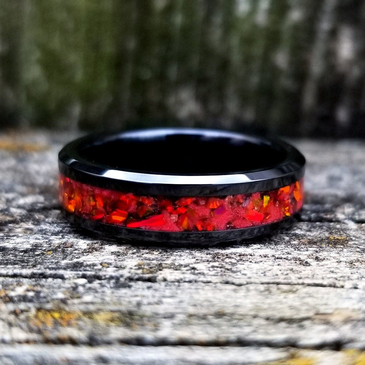 Black ceramic ring with red fire opal and glowstone inlay. Black ceramic ring. Red opal. Opal ring. Men's ring. Women's ring. Sizes 5-13