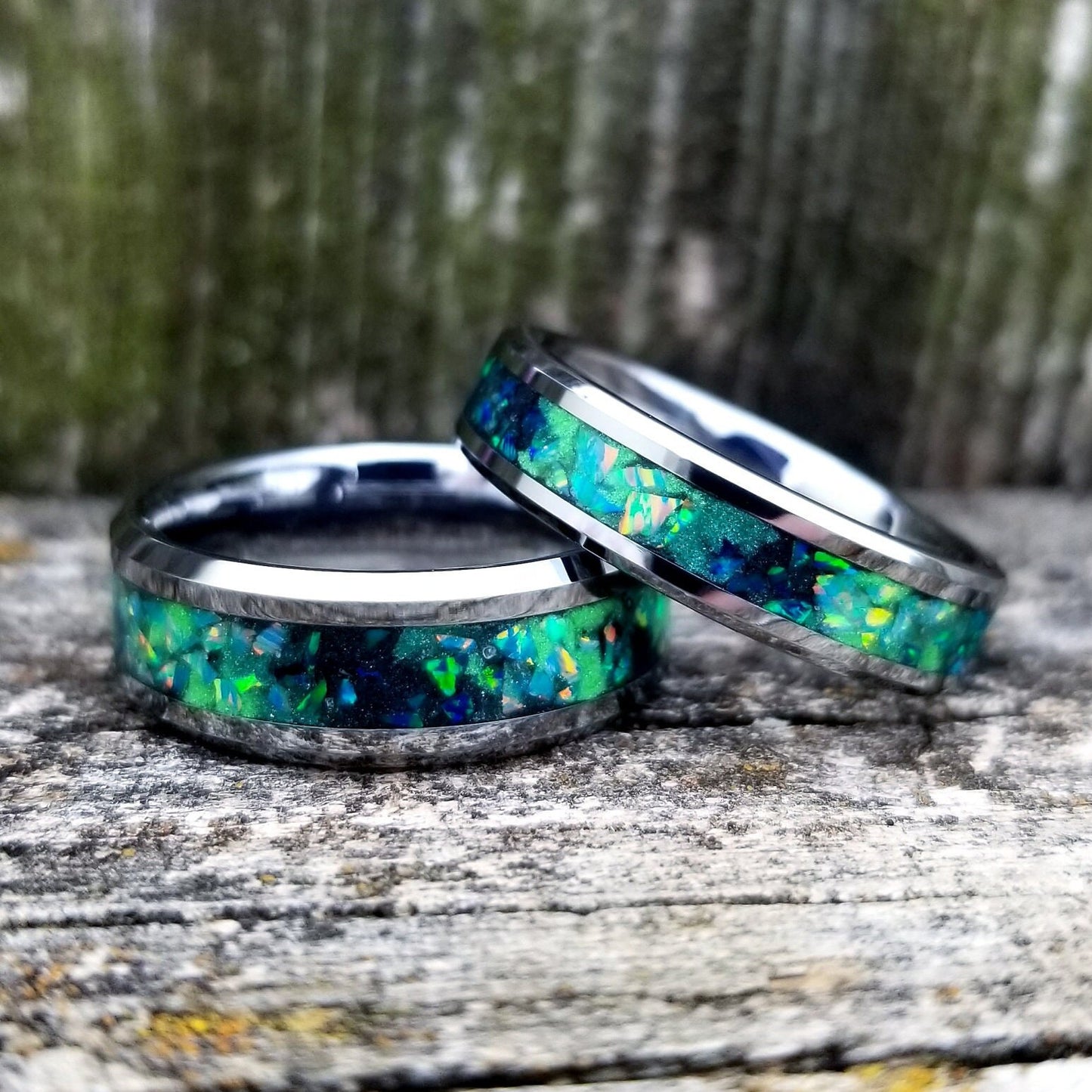Galaxy opal ring. Tungsten carbide glow ring with forest green opal and jade fire opal inlay. Men's ring. Sizes 5-13