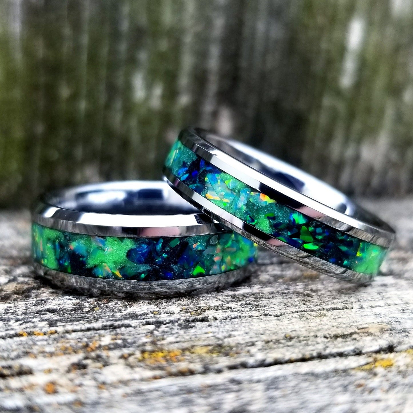 Galaxy opal ring. Tungsten carbide glow ring with forest green opal and jade fire opal inlay. Men's ring. Sizes 5-13