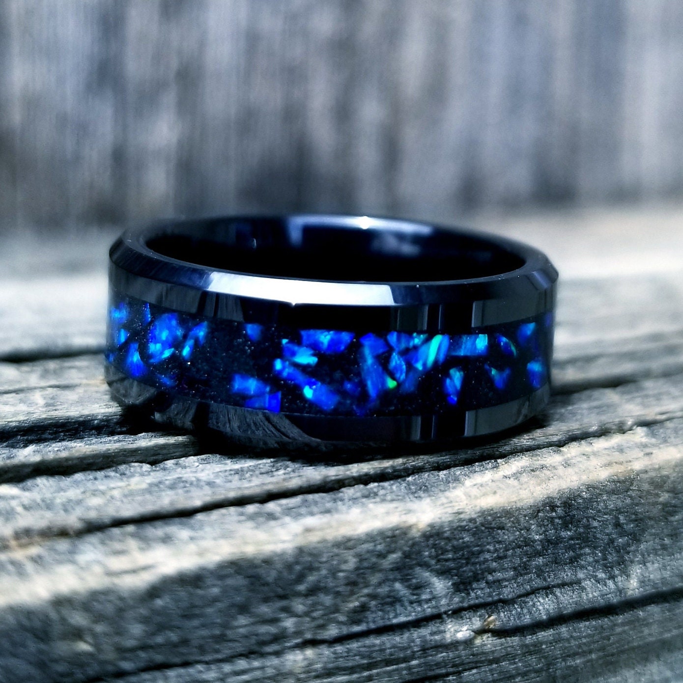 Black ceramic ring lavender blue opal glow ring. Black ceramic ring. blue opal ring. Opal ring. Men's ring. Women's ring. Sizes 5-13