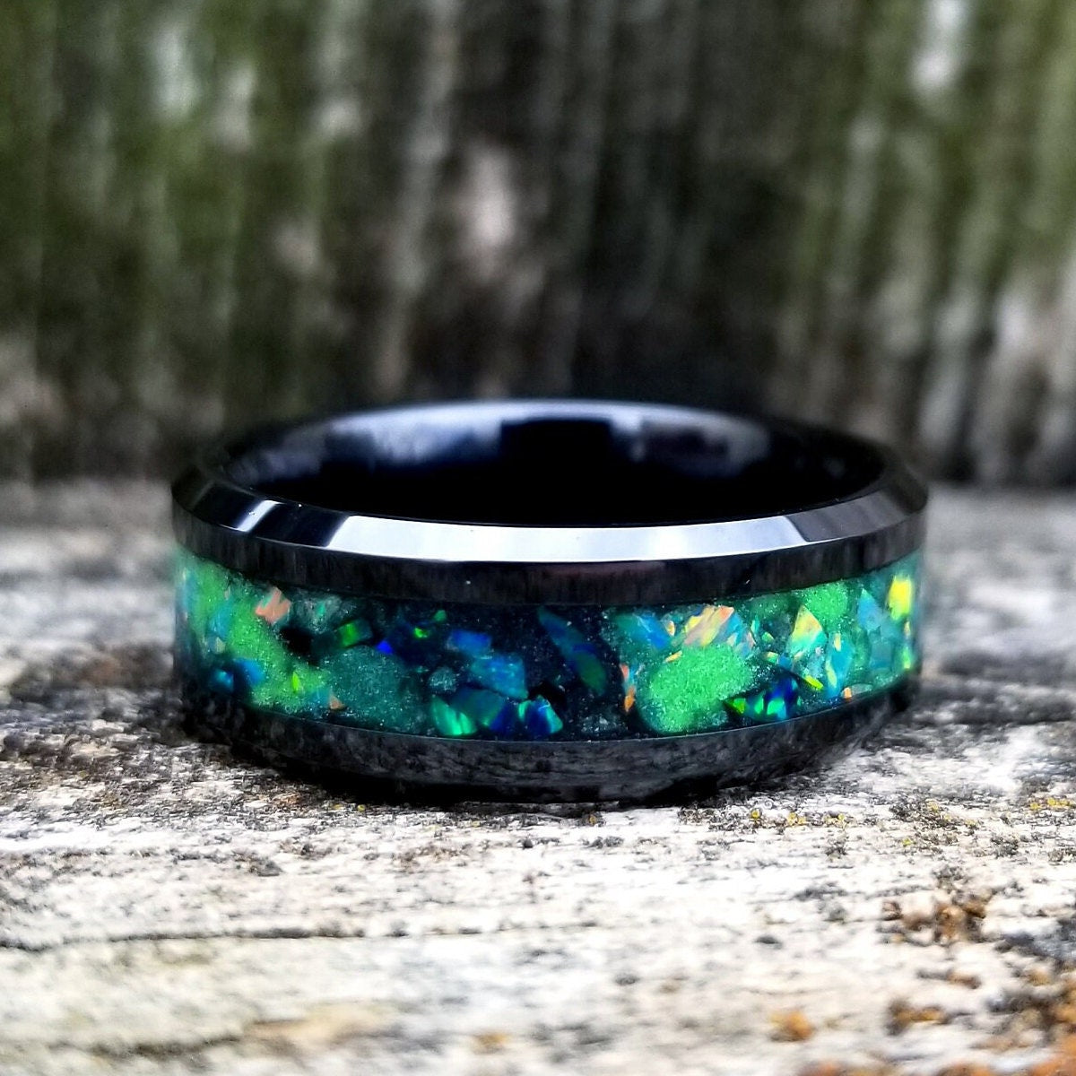 Galaxy opal ring. Black ceramic glow ring with forest green opal and jade fire opal inlay. Men's ring. Sizes 5-13
