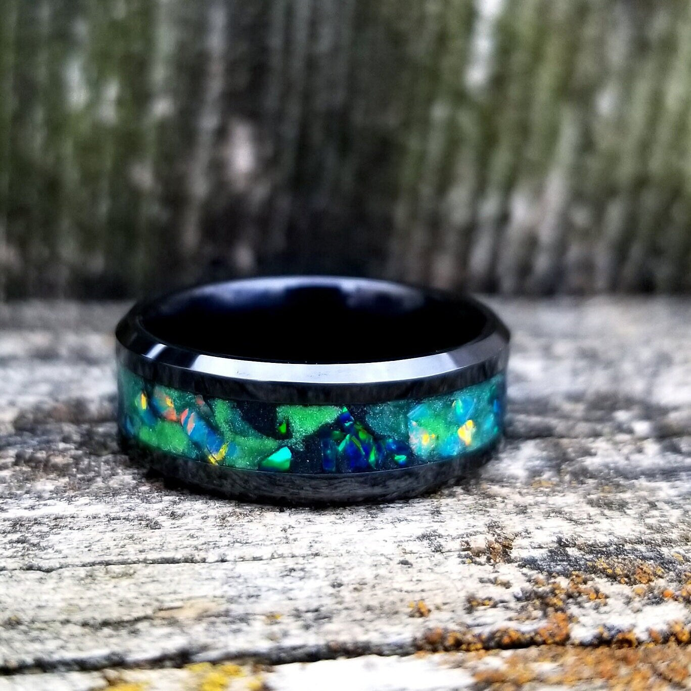 Galaxy opal ring. Black ceramic glow ring with forest green opal and jade fire opal inlay. Men's ring. Sizes 5-13