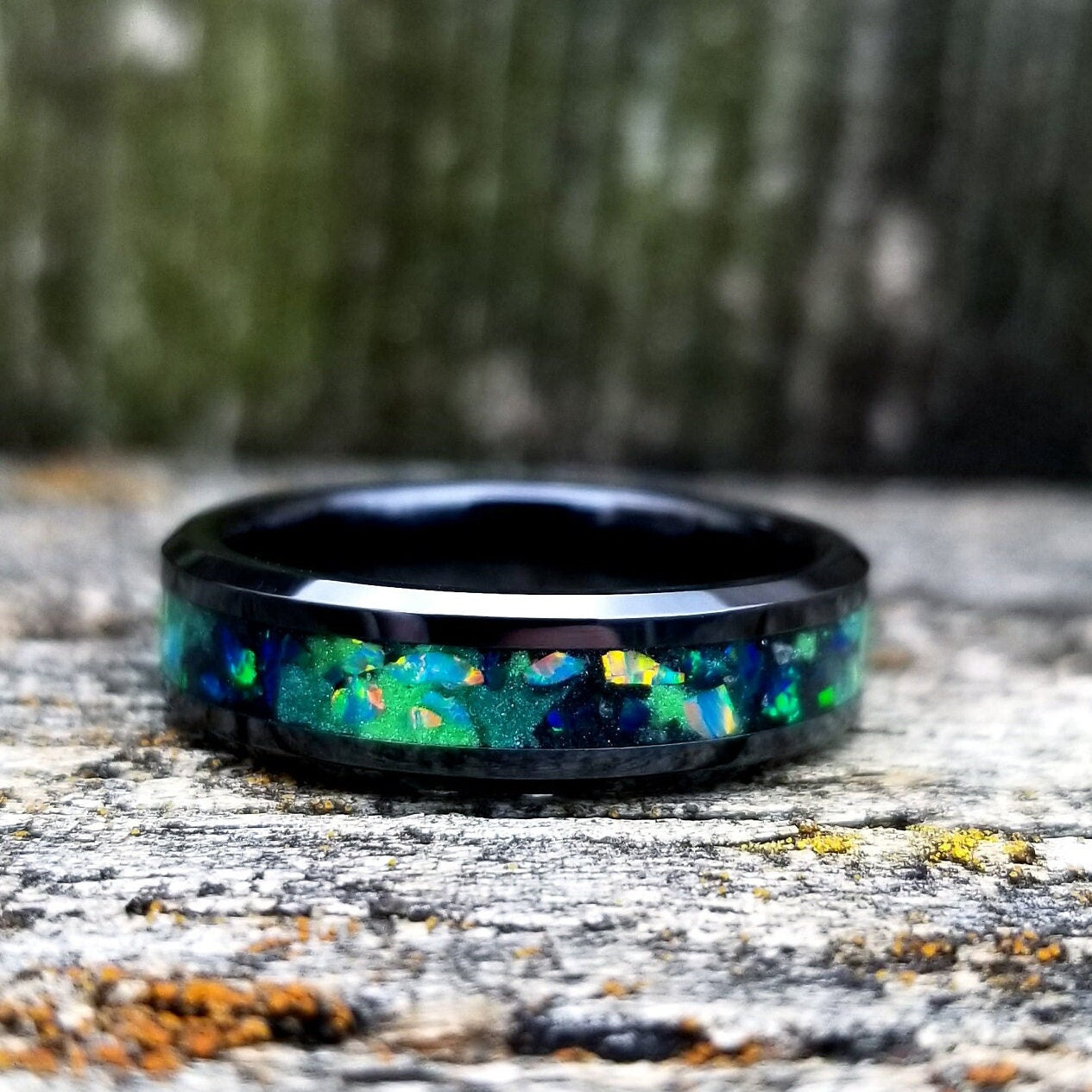 Galaxy opal ring. Black ceramic glow ring with forest green opal and jade fire opal inlay. Men's ring. Sizes 5-13