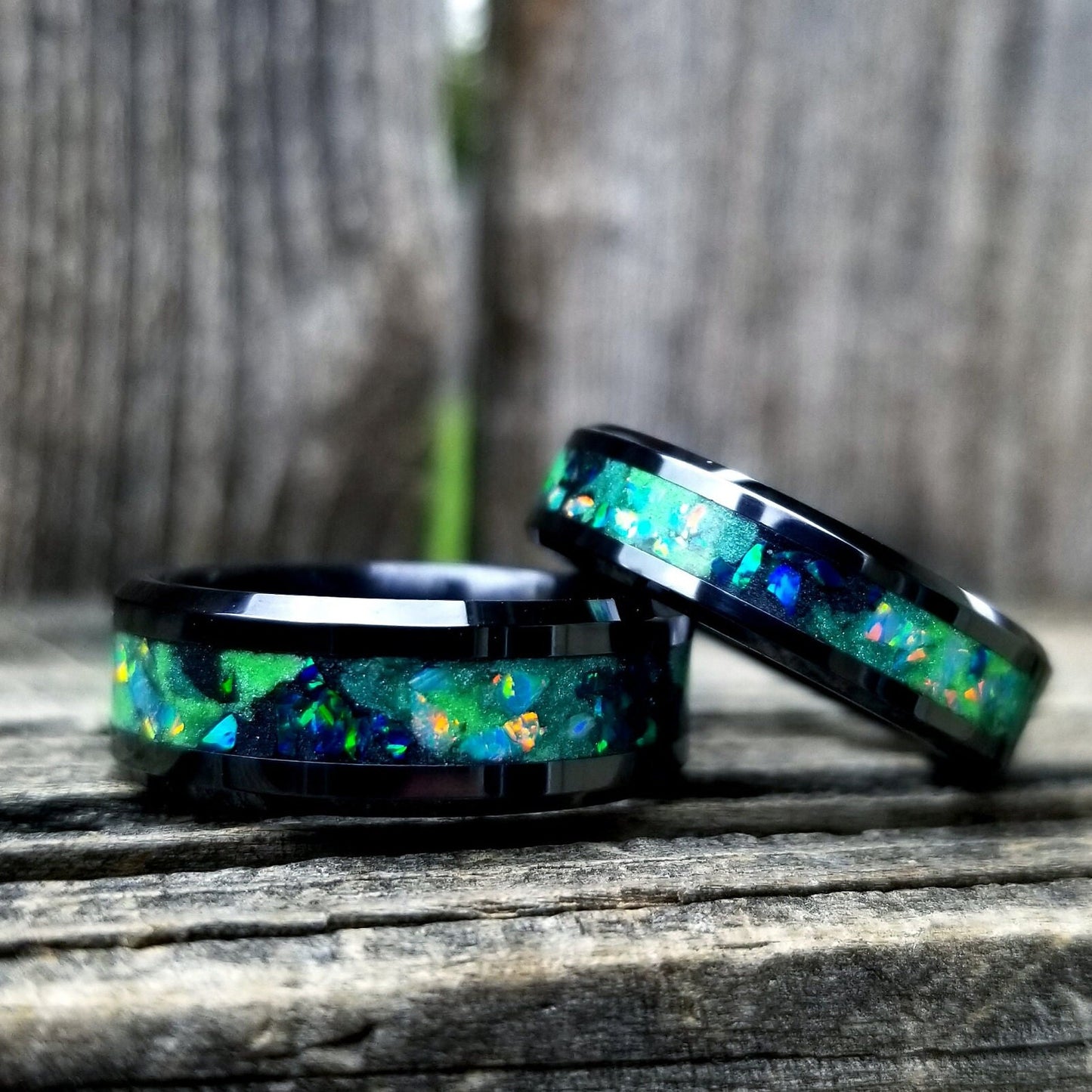 Galaxy opal ring. Black ceramic glow ring with forest green opal and jade fire opal inlay. Men's ring. Sizes 5-13