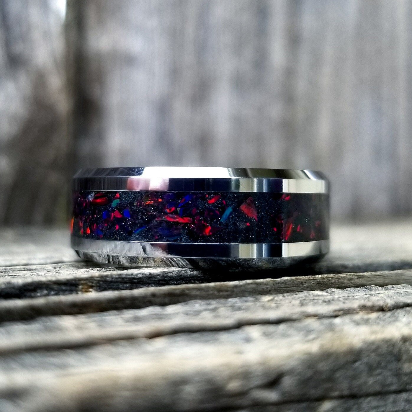 Tungsten carbide and fire opal blackout glow ring. Black ceramic ring. Black fire opal ring. Opal ring. Men's ring. Women's ring. Sizes 5-13
