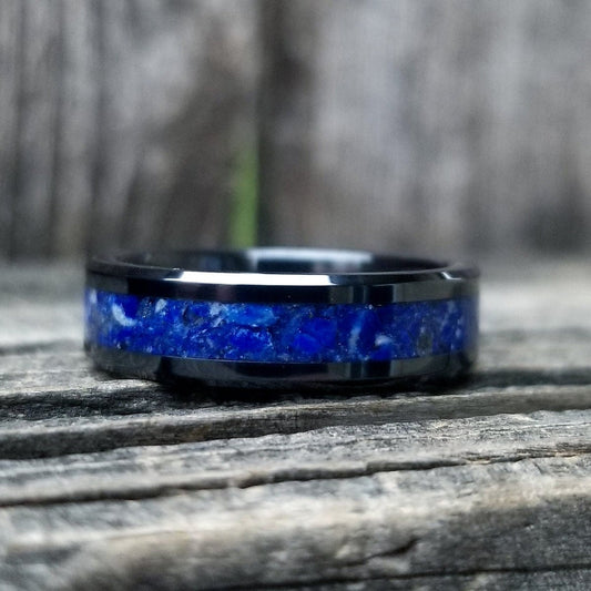 Black ceramic ring with lapis lazuli inlay. Crushed lapis lazuli ring.  Sizes 5-13