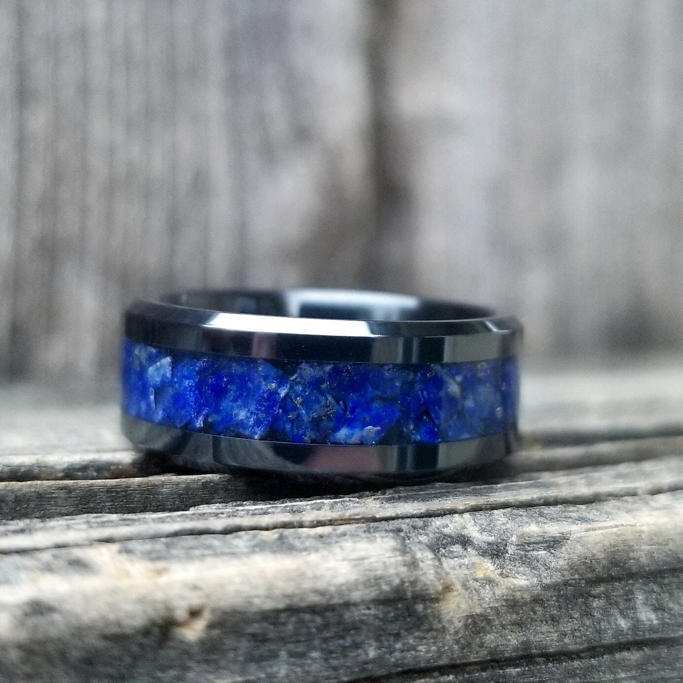 Black ceramic ring with lapis lazuli inlay. Crushed lapis lazuli ring.  Sizes 5-13