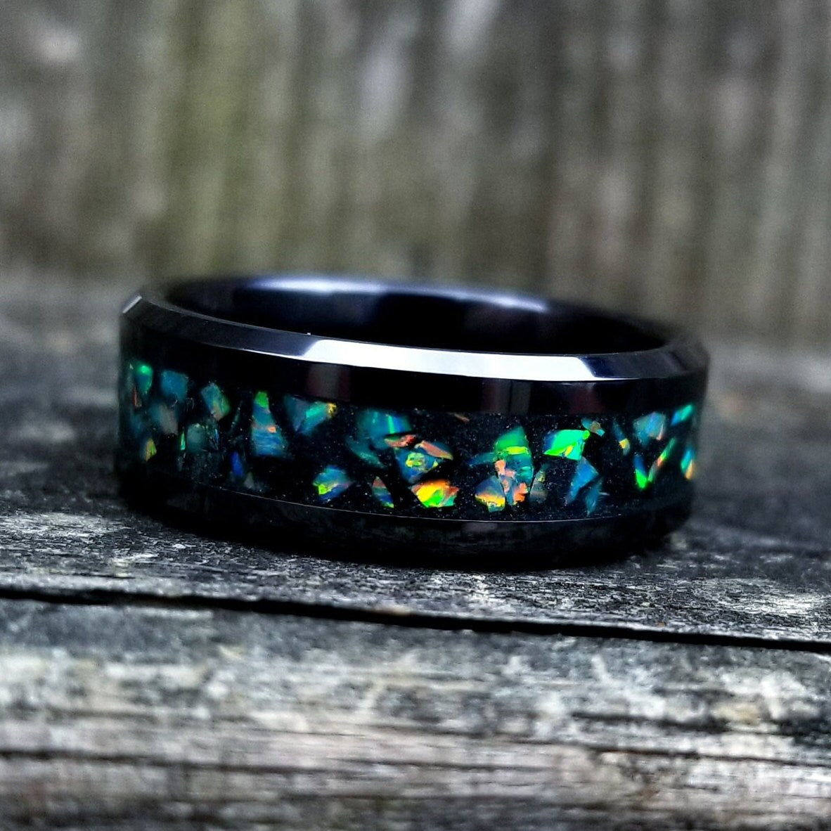 Black ceramic and jade opal blackout glow ring. Black ceramic ring. Black fire opal ring. Opal ring. Men's ring. Women's ring. Sizes 5-13