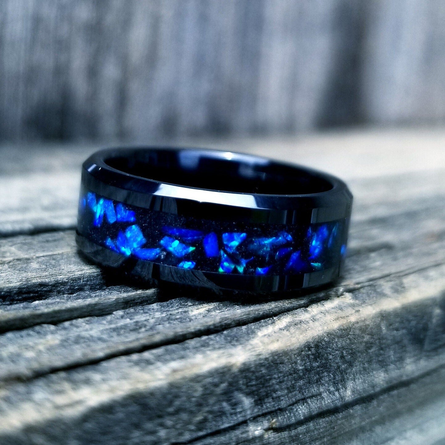 Black ceramic ring lavender blue opal glow ring. Black ceramic ring. blue opal ring. Opal ring. Men's ring. Women's ring. Sizes 5-13