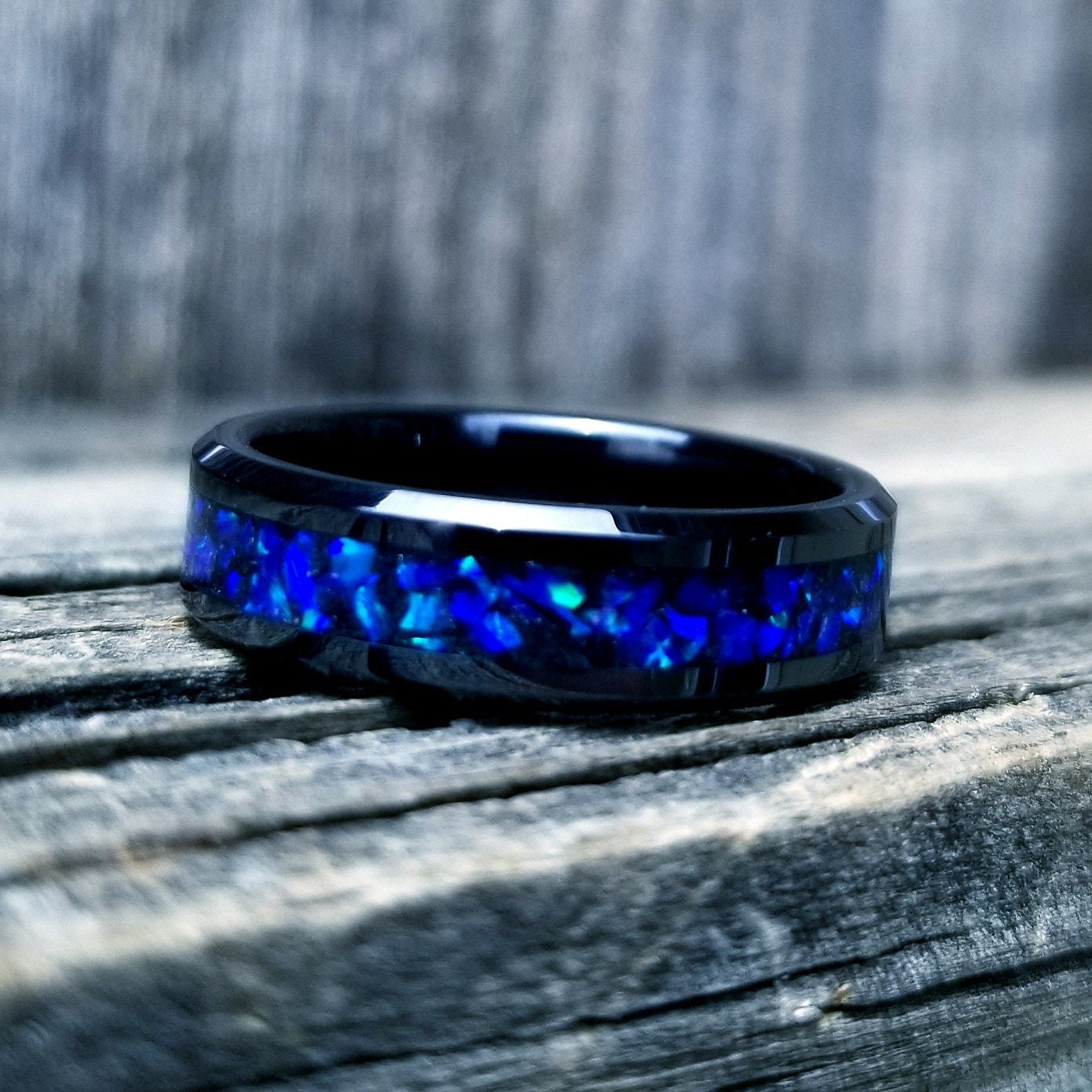 Black ceramic ring lavender blue opal glow ring. Black ceramic ring. blue opal ring. Opal ring. Men's ring. Women's ring. Sizes 5-13