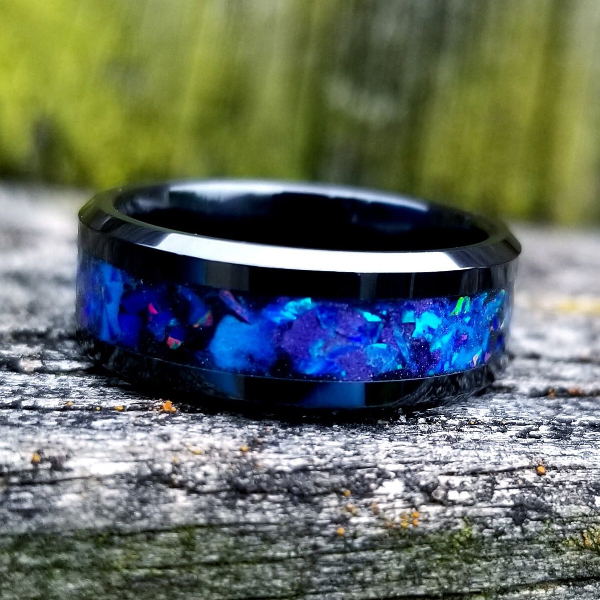 Black ceramic galaxy glow ring with violet opal and blue fire opal inlay. Men's ring. Women's ring. Wedding ring. Glow ring Sizes 5-13