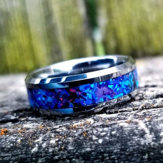 Tungsten carbide glow ring with violet opal and blue fire opal inlay. Men's ring. Women's ring. Wedding ring. Glow ring Sizes 5-13
