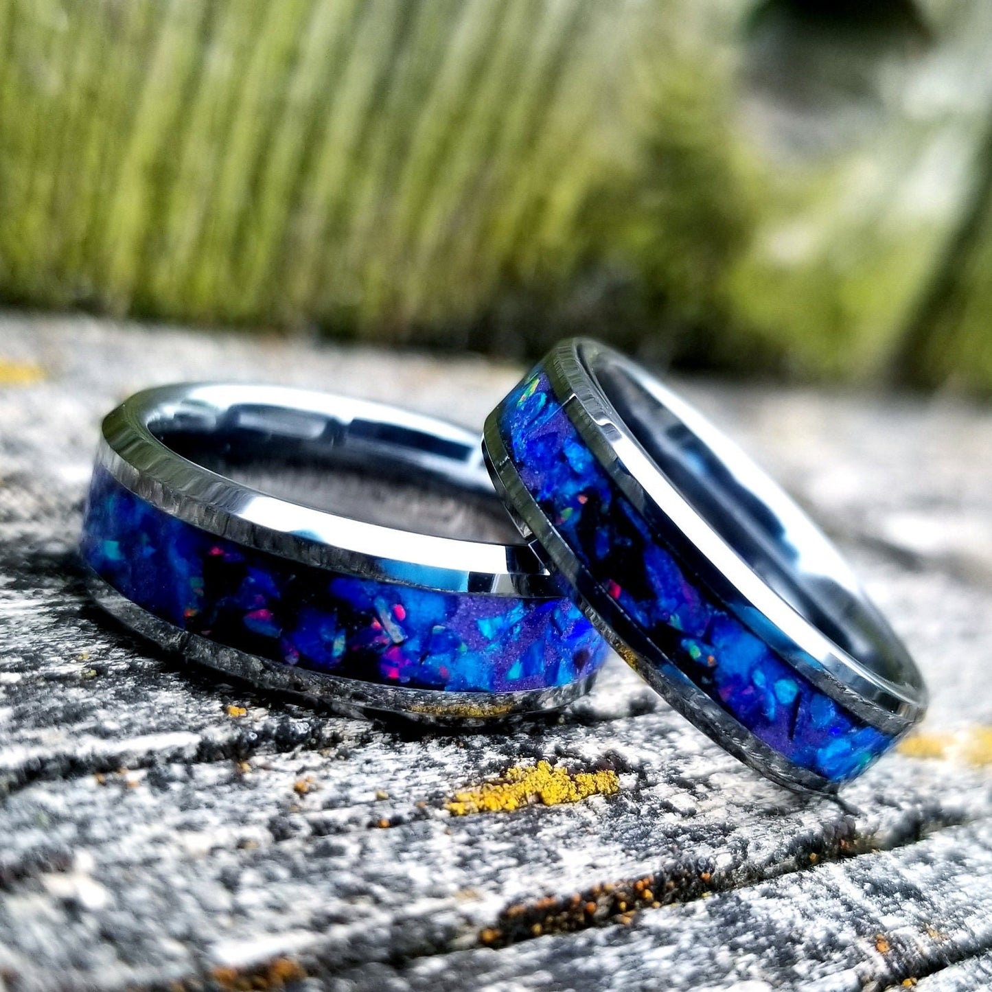 Tungsten carbide glow ring with violet opal and blue fire opal inlay. Men's ring. Women's ring. Wedding ring. Glow ring Sizes 5-13