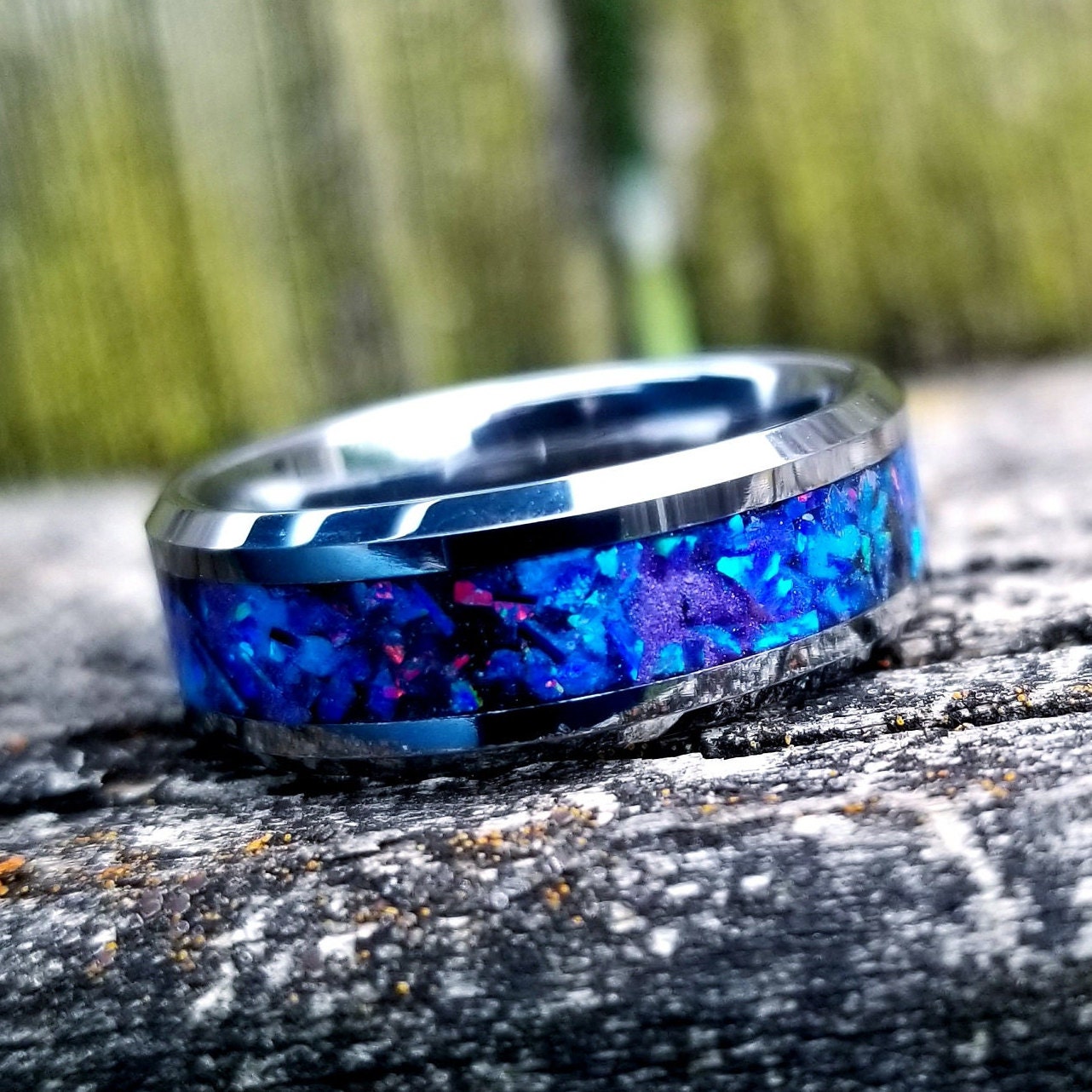 His and Hers wedding ring set. Galaxy fire opal ring. Tungsten glow ring set with violet opal and blue fire opal inlay. Sizes 5-13