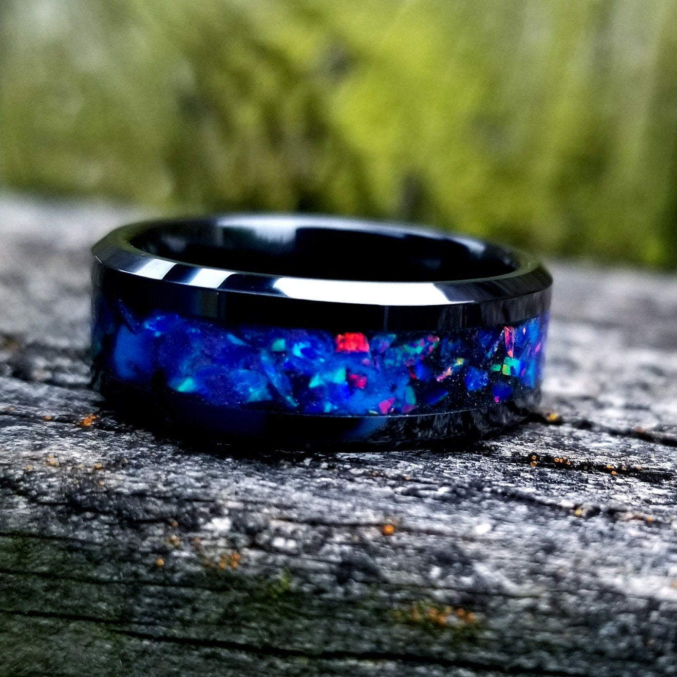 His and Hers wedding ring set. Galaxy fire opal ring. Black ceramic glow ring set with violet opal and blue fire opal inlay. Sizes 5-13