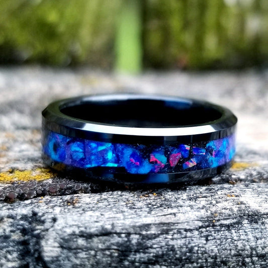 Black ceramic galaxy glow ring with violet opal and blue fire opal inlay. Men's ring. Women's ring. Wedding ring. Glow ring Sizes 5-13