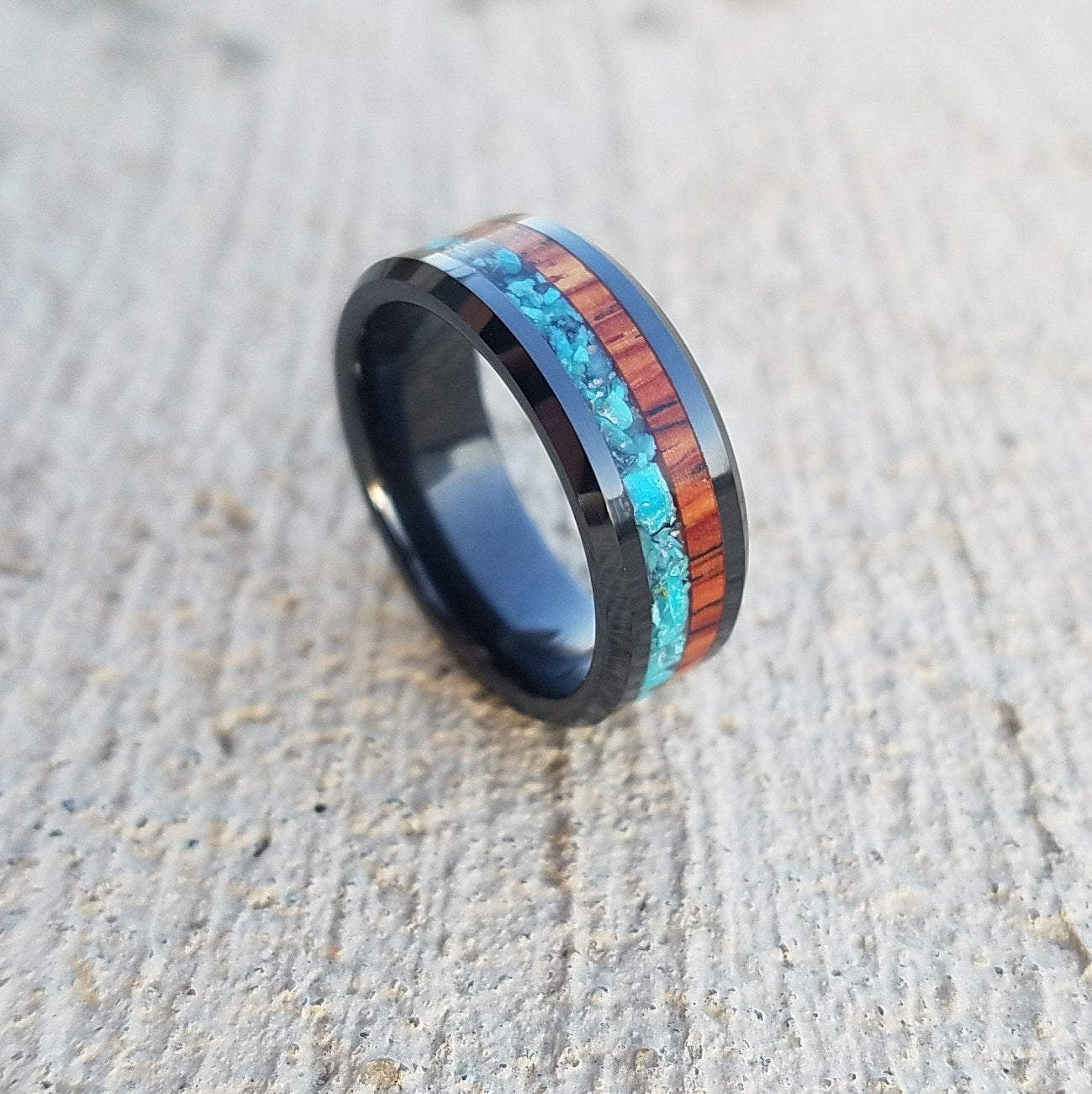 Black ceramic ring with turquoise and cocobolo wood inlay. Wood ring. Ceramic ring. Turquoise ring. Men's ring. Women's ring. Sizes 7-13.