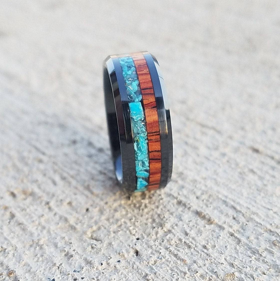 Black ceramic ring with turquoise and cocobolo wood inlay. Wood ring. Ceramic ring. Turquoise ring. Men's ring. Women's ring. Sizes 7-13.