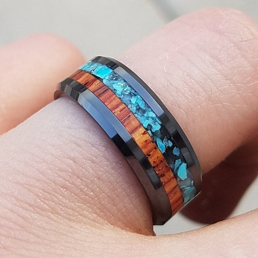Black ceramic ring with turquoise and cocobolo wood inlay. Wood ring. Ceramic ring. Turquoise ring. Men's ring. Women's ring. Sizes 7-13.