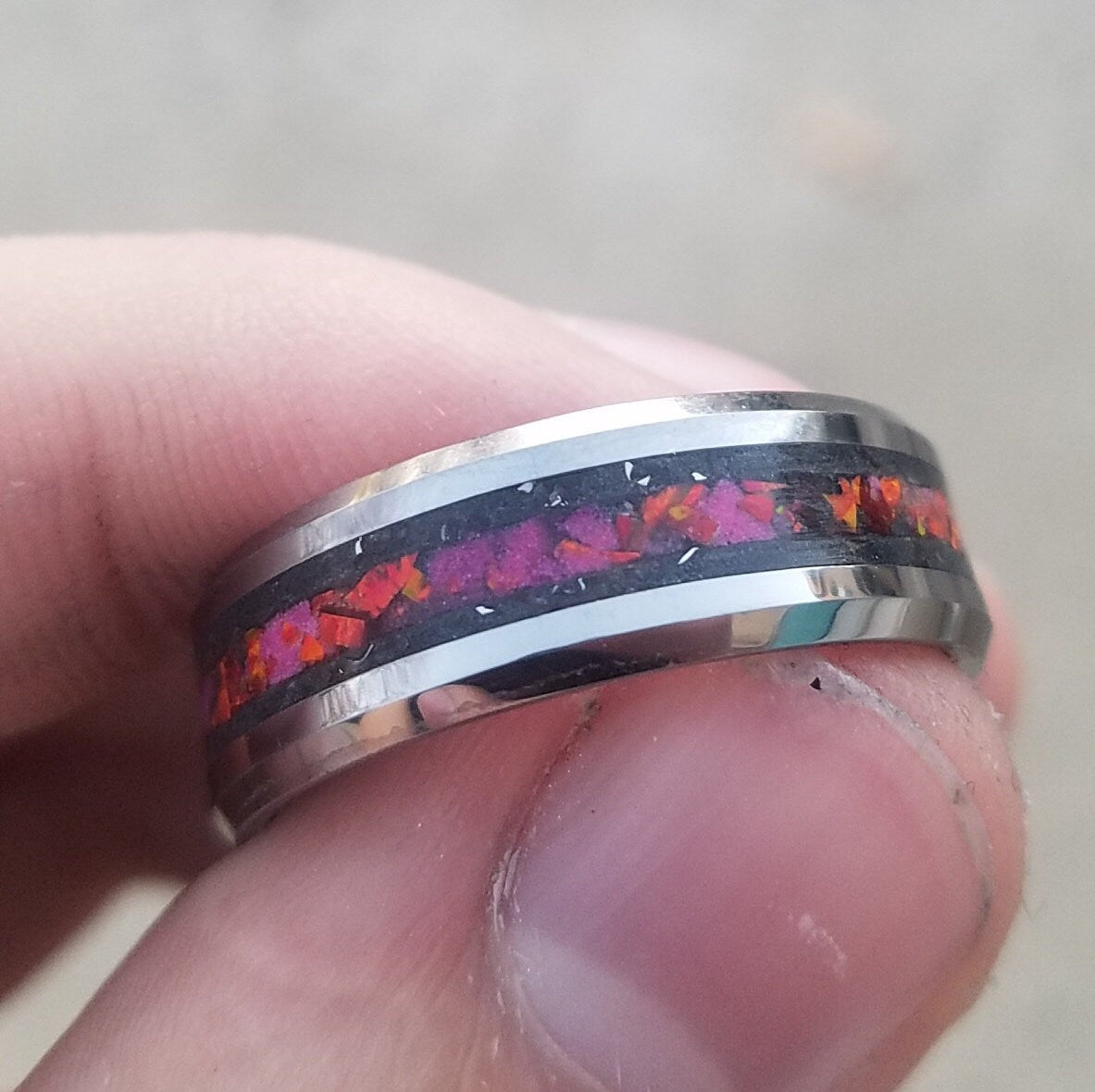 Tungsten carbide ring with meteorite, red fire opal, and glowstone inlay. Glow ring. fire opal ring. Men's ring. meteorite ring. Sizes 7-13