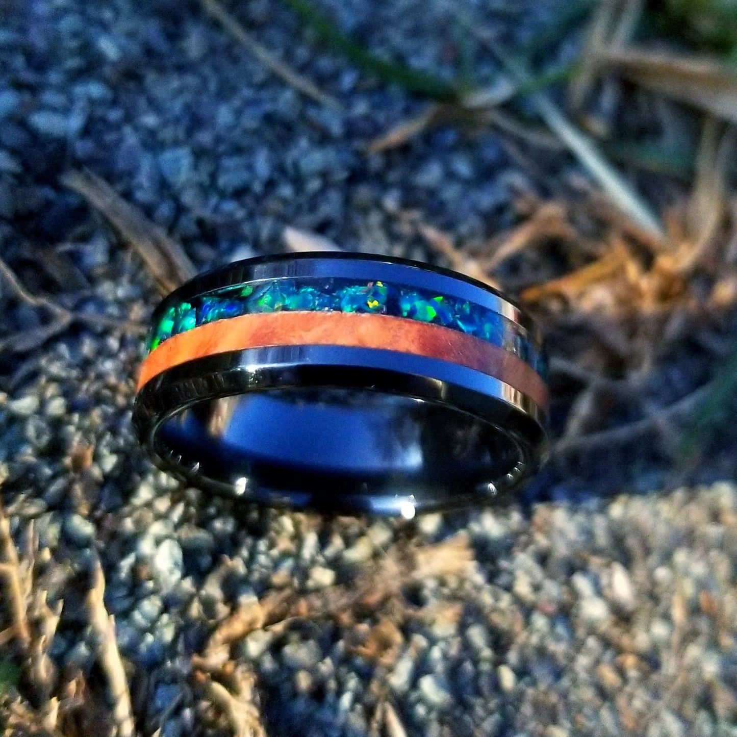 Black ceramic ring with maple burl and forest green opal inlay. Opal ring. green opal ring. men's wedding ring. Sizes 5-13