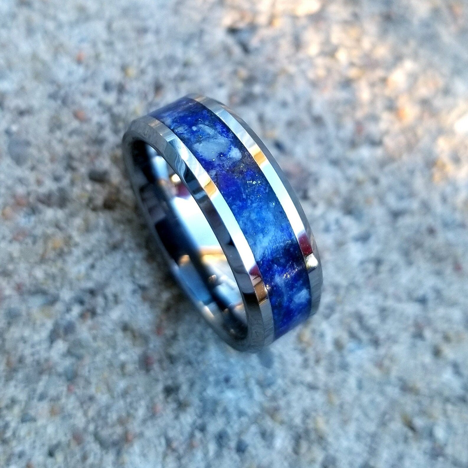 Hotsell Bubinga with crushed Lapis Lazuli and Sterling Silver on a Tungsten Core Bentwood Ring