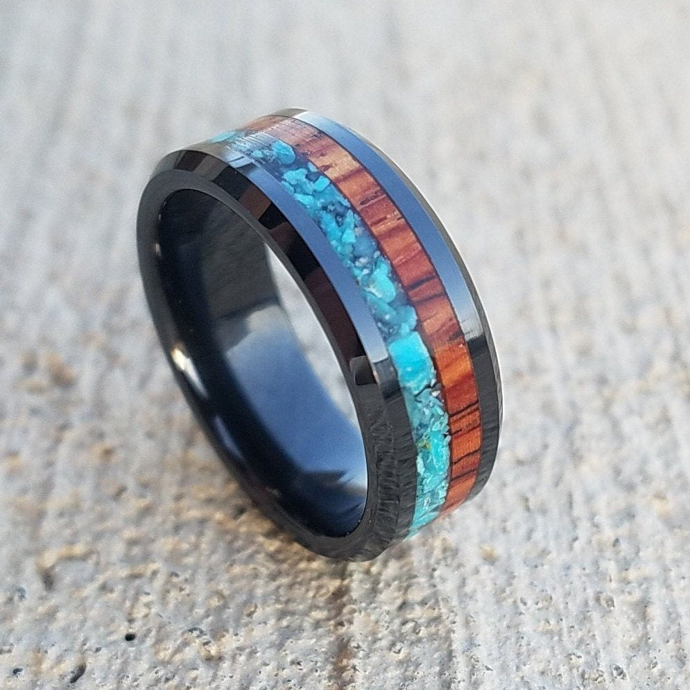 Black ceramic ring with turquoise and cocobolo wood inlay. Wood ring. Ceramic ring. Turquoise ring. Men's ring. Women's ring. Sizes 7-13.