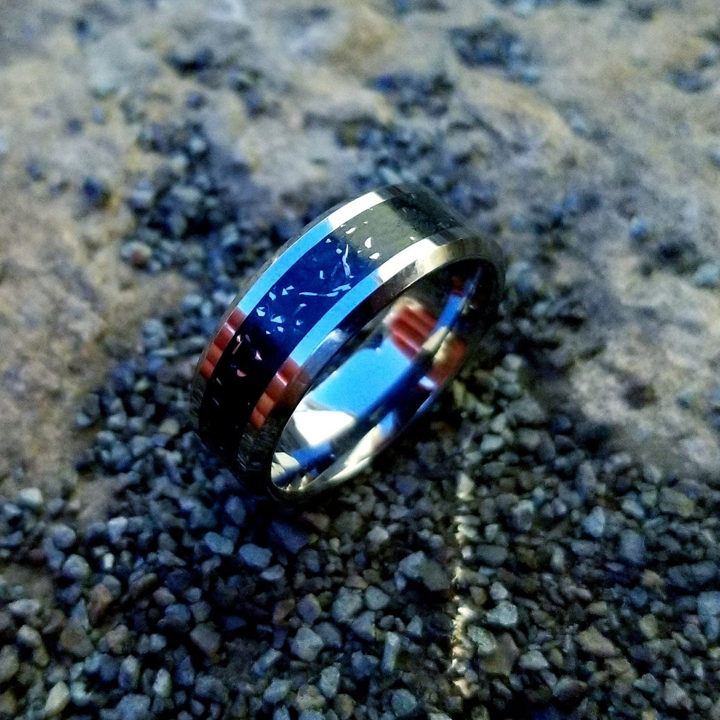 Tungsten carbide ring with Meteorite and black glowstone inlay. Glow ring. meteorite ring. Men's ring. Women's ring. Sizes 5-13