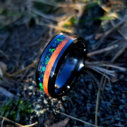 Black ceramic ring with maple burl and forest green opal inlay. Opal ring. green opal ring. men's wedding ring. Sizes 5-13