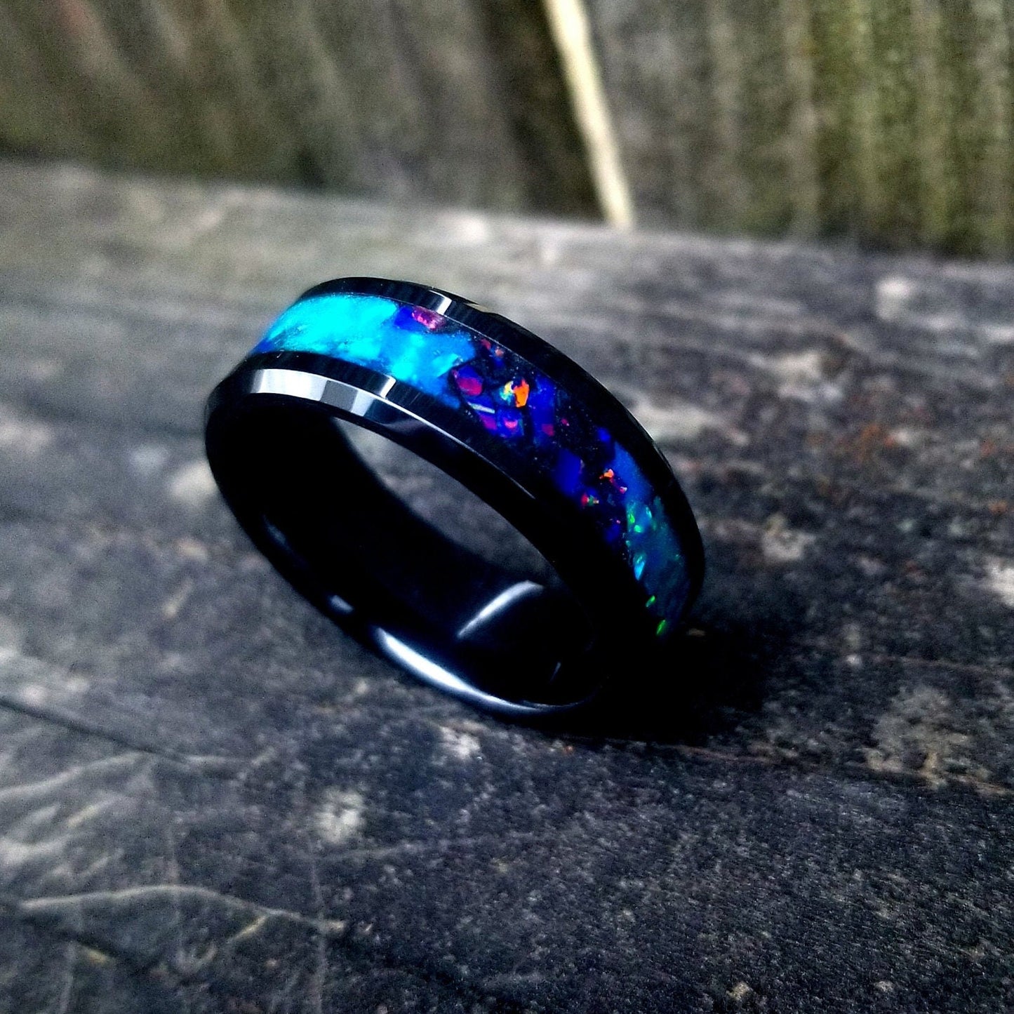 Black ceramic galaxy glow ring with turquoise opal and blue fire opal inlay. Men's ring. Women's ring. Wedding ring. Glow ring Sizes 5-13