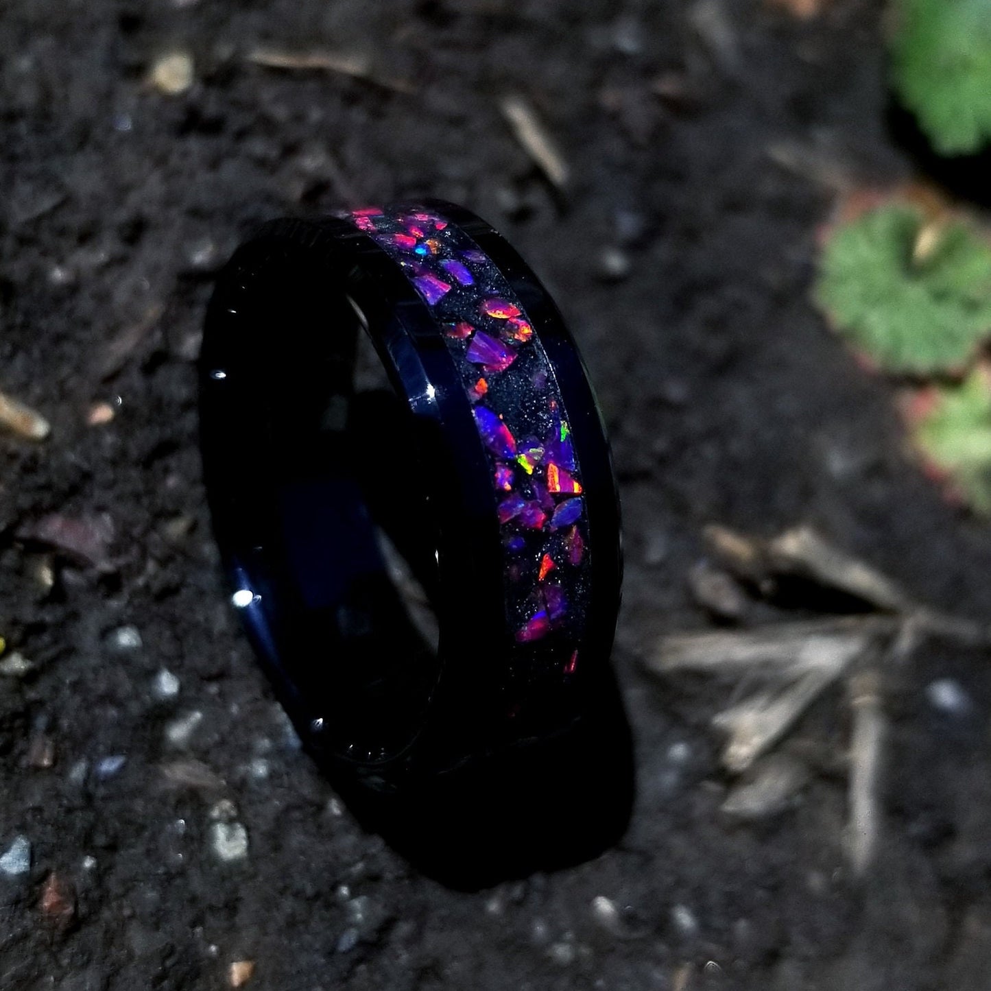 Black ceramic ring with ruby fire opal and glowstone inlay. Glow ring. Black fire opal ring. Opal ring. Men's ring. Women's ring. Sizes 5-13