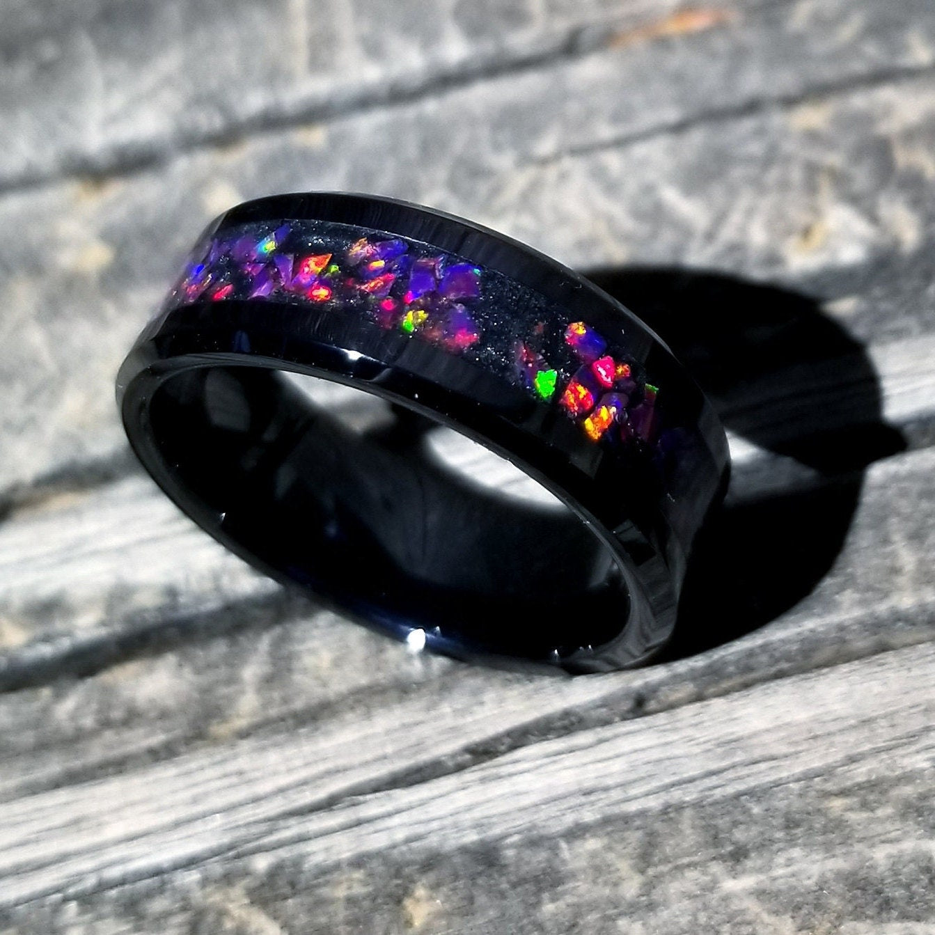 Black ceramic ring with ruby fire opal and glowstone inlay. Glow ring. Black fire opal ring. Opal ring. Men's ring. Women's ring. Sizes 5-13