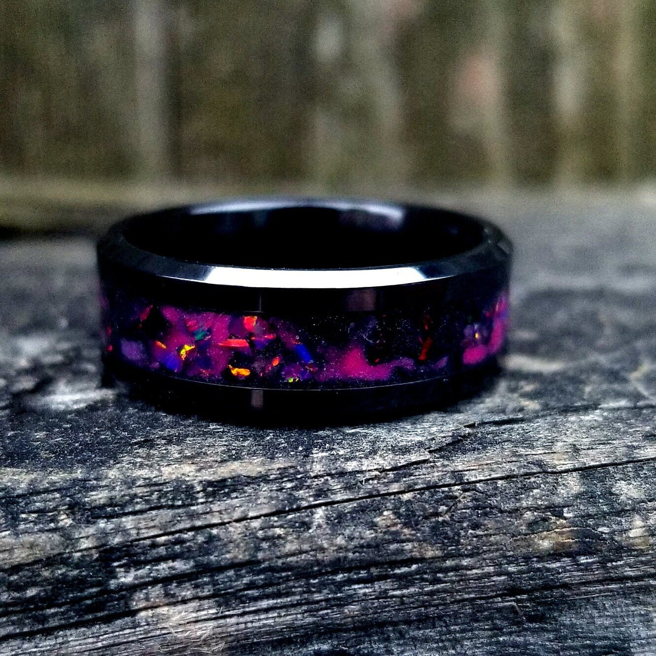 Galaxy opal ring. Black ceramic glow ring with ruby red and black fire opal inlay. Men's ring. Sizes 5-13