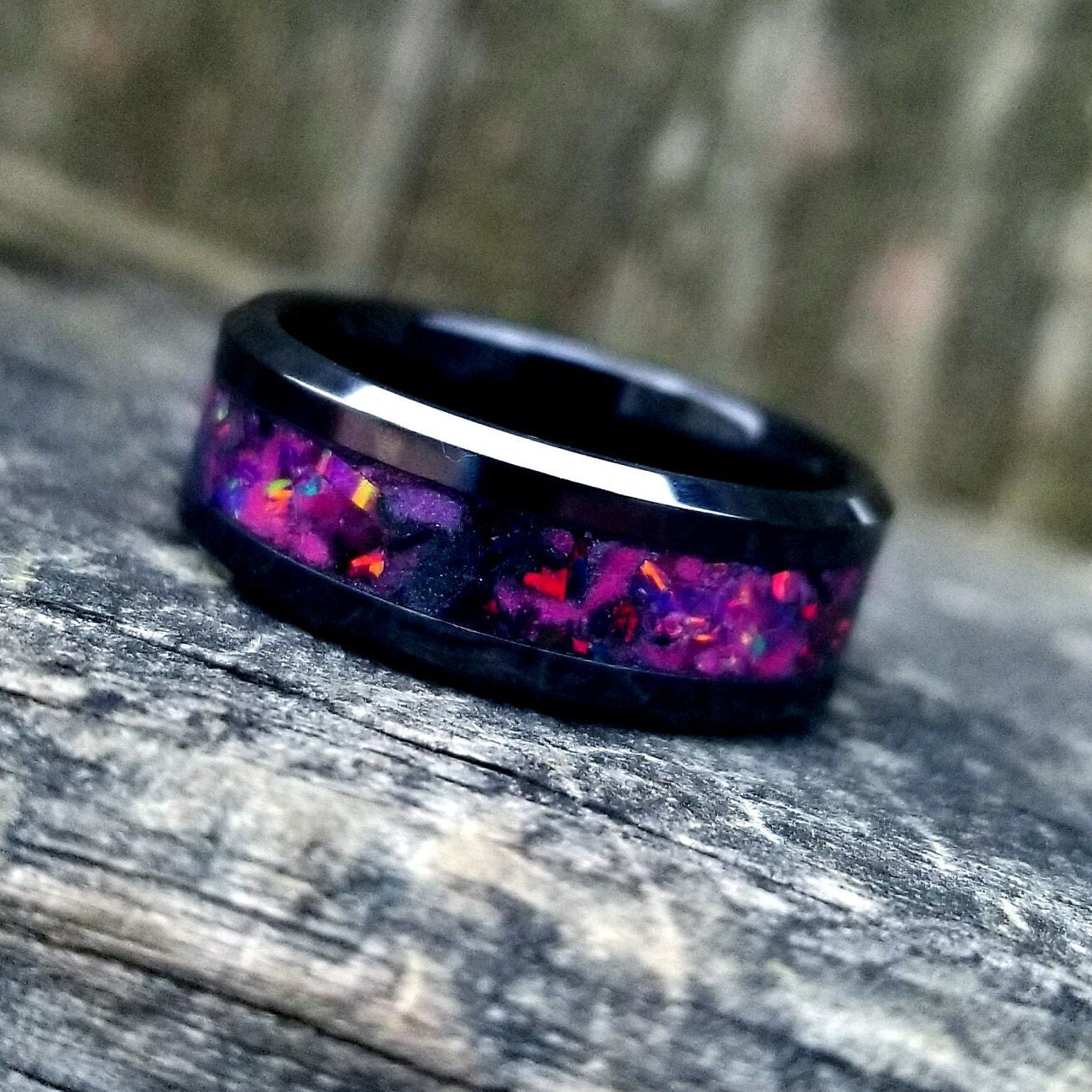 Galaxy opal ring. Black ceramic glow ring with ruby red and black fire opal inlay. Men's ring. Sizes 5-13