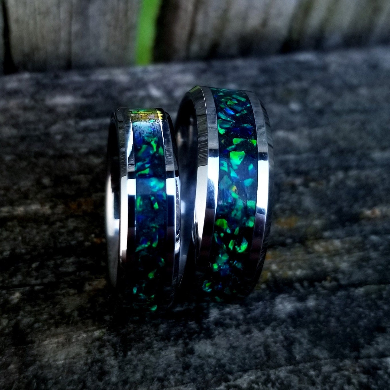 His & Hers Wedding Ring Set- Black Ceramic Ring Set with Violet Fire Opal & Glowstone Inlay - 8mm & 6mm Rings - Sizes 5-13 - Orth Custom Rings