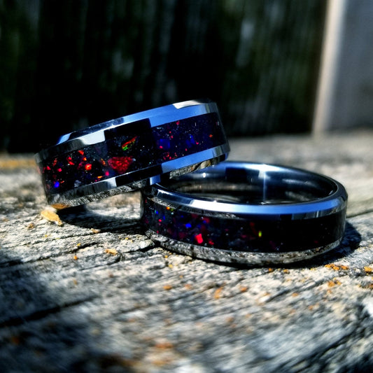 His and Hers Wedding Ring Set. Opal rings. Tungsten carbide ring set with black fire opal and glowstone inlay. 8mm and 6mm rings. Sizes 5-13