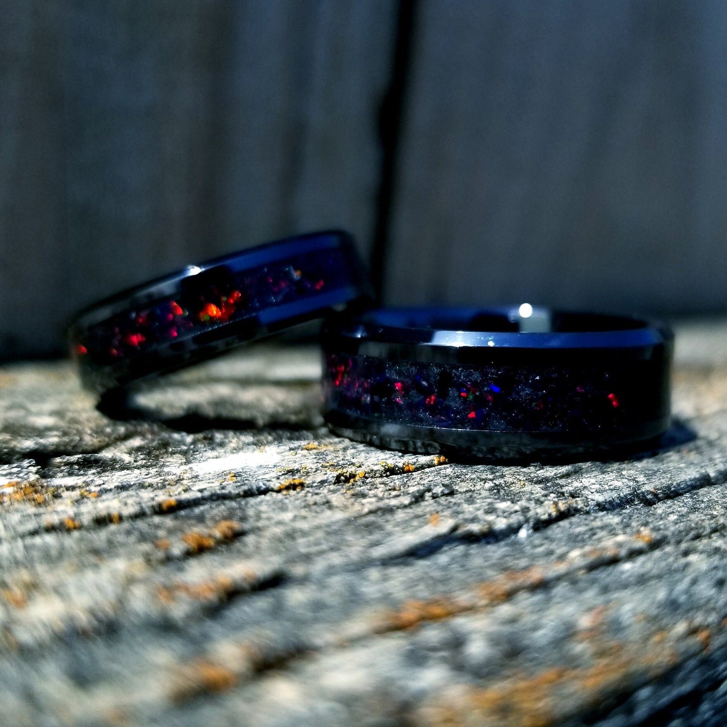 His and Hers Wedding Ring Set. Opal rings. Black ceramic ring set with black fire opal and glowstone inlay. 8mm and 6mm rings. Sizes 5-13