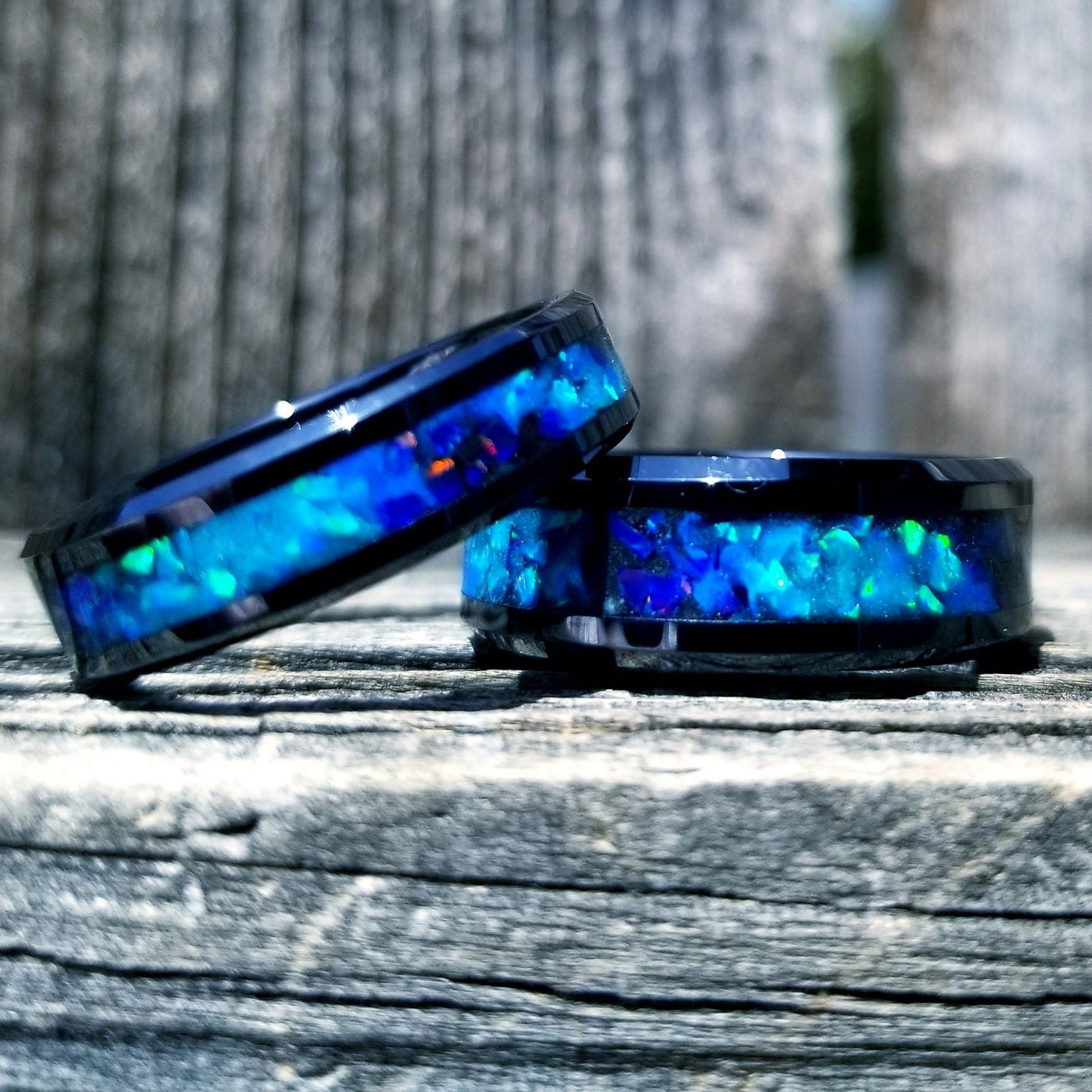 His and Hers wedding ring set. Galaxy fire opal ring. Black ceramic glow ring set with turquoise opal and blue fire opal inlay. Sizes 5-13