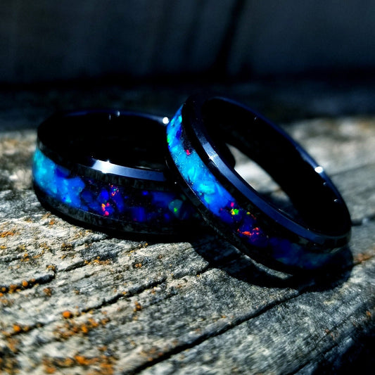 His and Hers wedding ring set. Galaxy fire opal ring. Black ceramic glow ring set with turquoise opal and blue fire opal inlay. Sizes 5-13