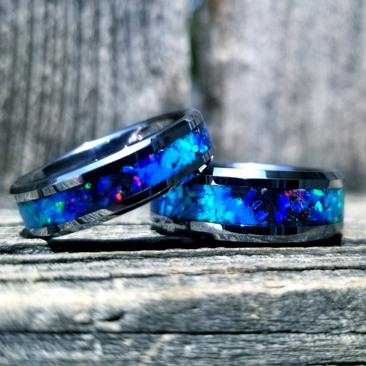 His and Hers wedding ring set. Galaxy fire opal ring. Tungsten glow ring set with turquoise opal and blue fire opal inlay. Sizes 5-13