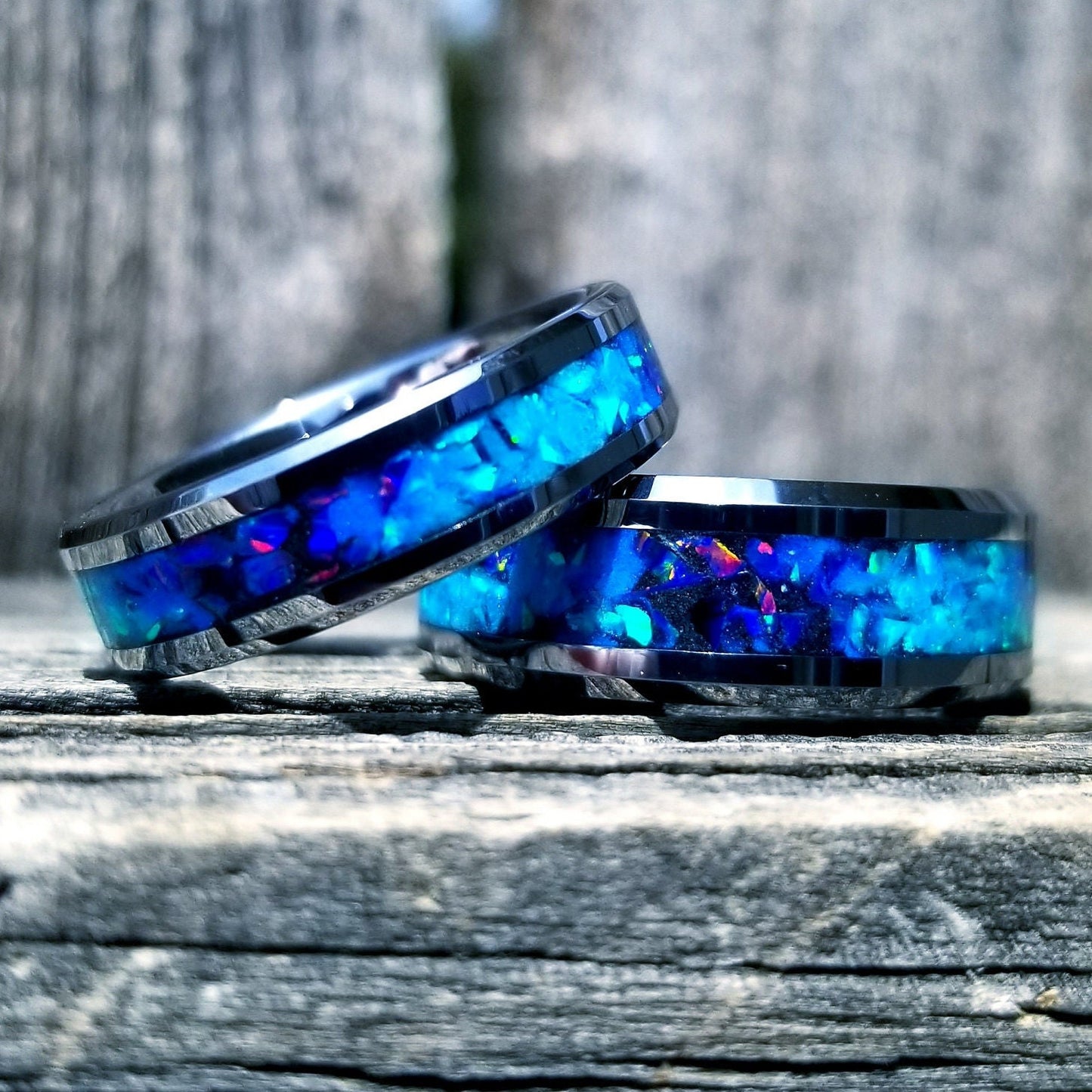 Tungsten carbide glow ring with turquoise opal and blue fire opal inlay. Men's ring. Women's ring. Wedding ring. Glow ring Sizes 5-13